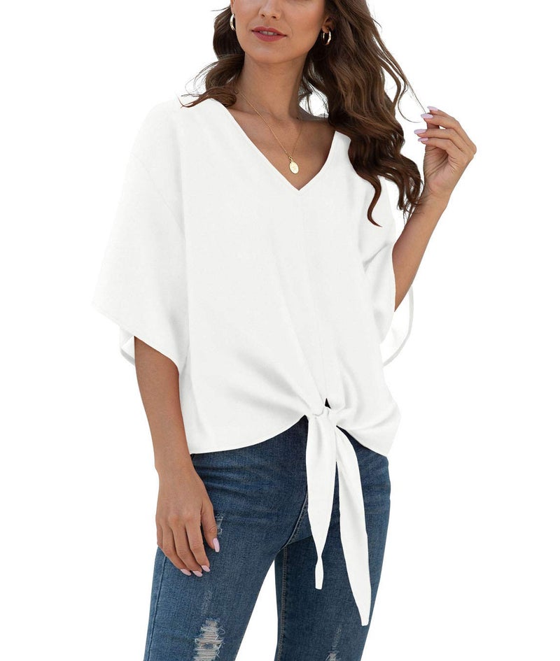 VIISHOW Womens Tie Front Loose Short Sleeve V Neck Floral Blouses Chiffon Tops Summer Shirts, White, XX-Large - Image 1